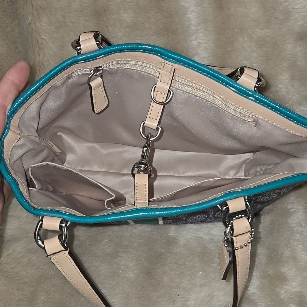 COACH SIGNATURE STRIPE TOP HANDLE TOTE (F51267) SILVER/NAVY/BRIGHT JADE - Picture 7 of 7